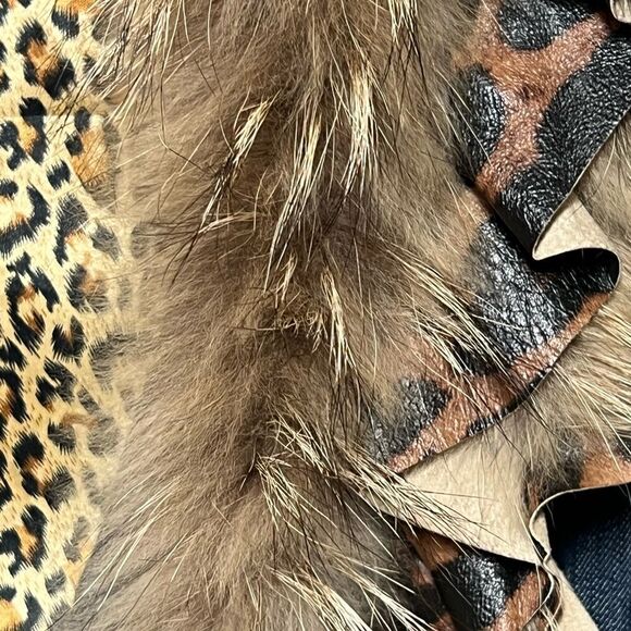 Dana Stein Luxurious Denim Fox Fur with leather animal print trim Womens Size S - Picture 5 of 7